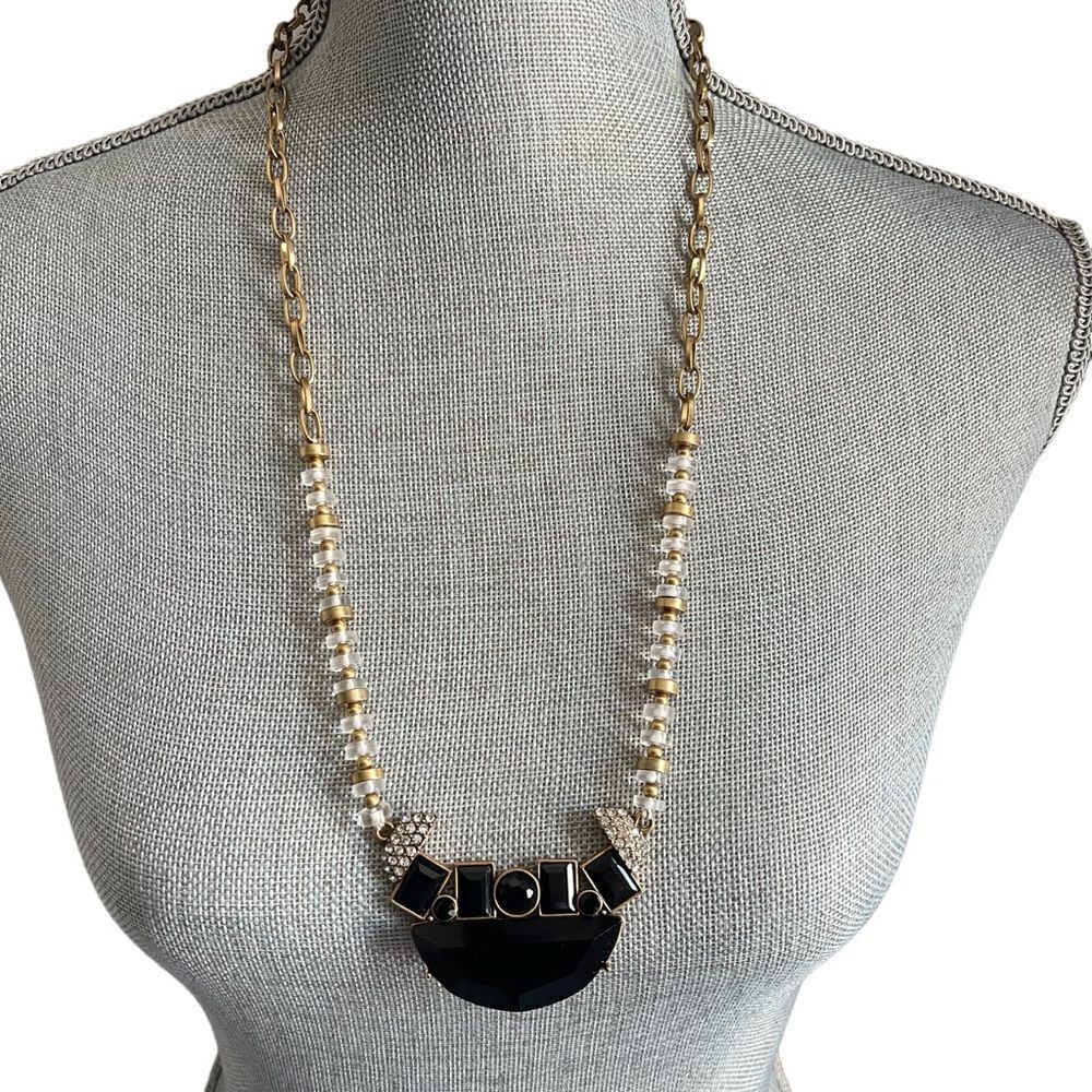 J. Crew Long Art Deco Necklace Black Gold Glass Beaded Rhinestone